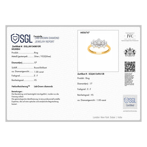 LUXURIANT DIAMOND- SGL zertifizierter VS-EF Labor Diamant Ring, 925 Silber 750 Gelbgold Vermeil - 1 ct. image number 4