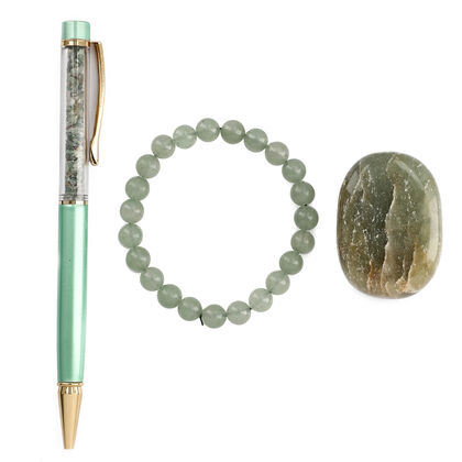 3er Set -Gr&uuml;ner Aventurin - Eleganter Handstein, stilvolles Armband, und luxuri&ouml;ser Kugelschreiber mit Kristallkugel