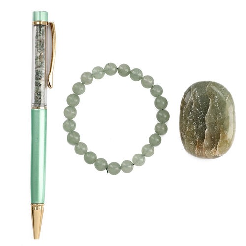 3er Exklusives Geschenkset – Aventurin: Handschmeichler, Armband und Kugelschreiber mit Kristallkugel image number 0