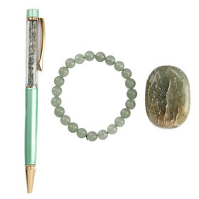 3er Set -Grüner Aventurin - Eleganter Handstein, stilvolles Armband, und luxuriöser Kugelschreiber mit Kristallkugel