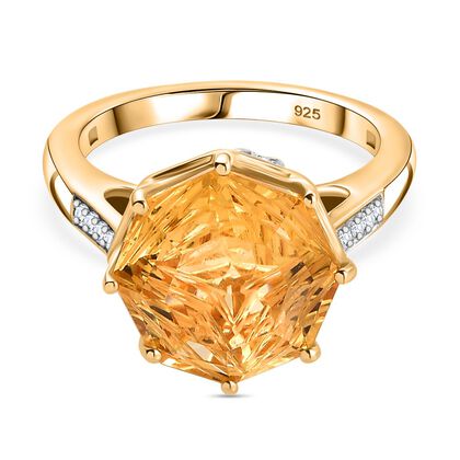 EXKLUSIVER LEUCHTENDE OKTILLION SCHLIFF Citrin, Wei&szlig;er Zirkon Ring 925 Silber 750 Gelbgold Vermeil (Gr&ouml;&szlig;e 18.00) ca. 6.00 ct
