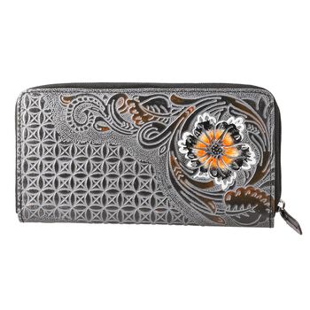 Gepr&auml;gte Lederb&ouml;rse mit RFID Schutz, florales Muster, 20x3x11cm, grau