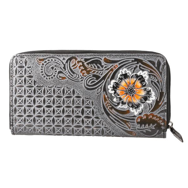 Gepr&auml;gte Lederb&ouml;rse mit RFID Schutz, florales Muster, 20x3x11cm, grau