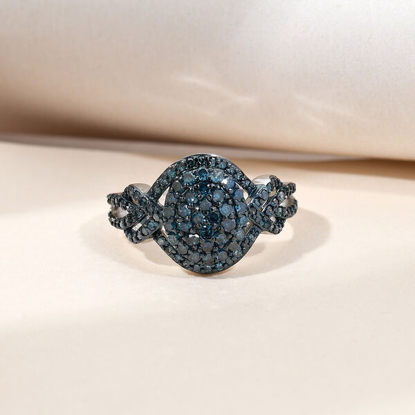 Blauer Diamant Cluster-Halo-Ring in Silber image number 2