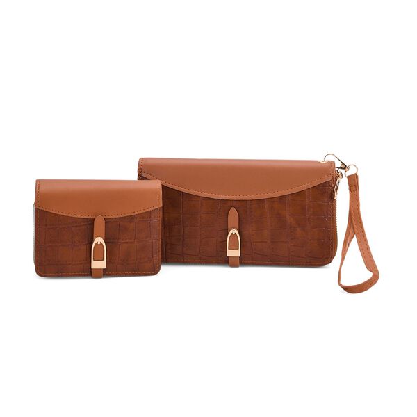 2-teiliges Geldbörsen-Set im Krokoprägungs-Design, Lange Geldbörse 20x10x3 cm und Bifold-Geldbörse 12x9x3,5 cm, Braun image number 0