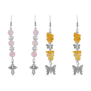 Rosenquarz, Gelber Opal Schmuckset Reiner Edelstahl Schwarz oxidiert und Legierung Schwarz oxidiert ca. 75.00 ct