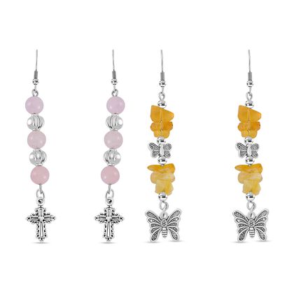 Rosenquarz, Gelber Opal Schmuckset Reiner Edelstahl Schwarz oxidiert und Legierung Schwarz oxidiert ca. 75.00 ct