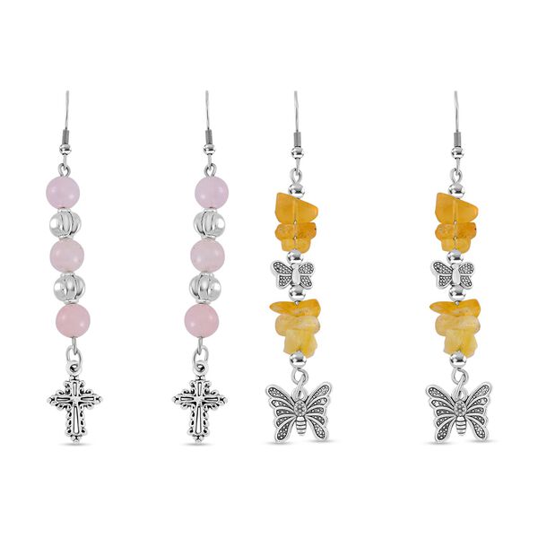 Rosenquarz, Gelber Opal Schmuckset Reiner Edelstahl Schwarz oxidiert und Legierung Schwarz oxidiert ca. 75.00 ct