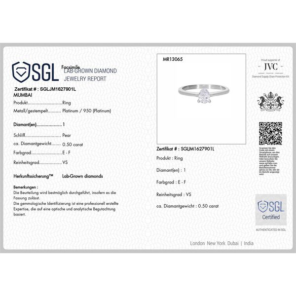 LUXURIANT SGL zertifizierter VS-EF Labor Tropfenschliff Diamant Ring in 950 Platin - 0,50 ct. image number 5