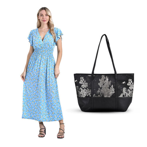 Maxikleid mit gesmokter Taille und Volantärmeln und Schwarz-Tragetasche mit Blumenmuster image number 0