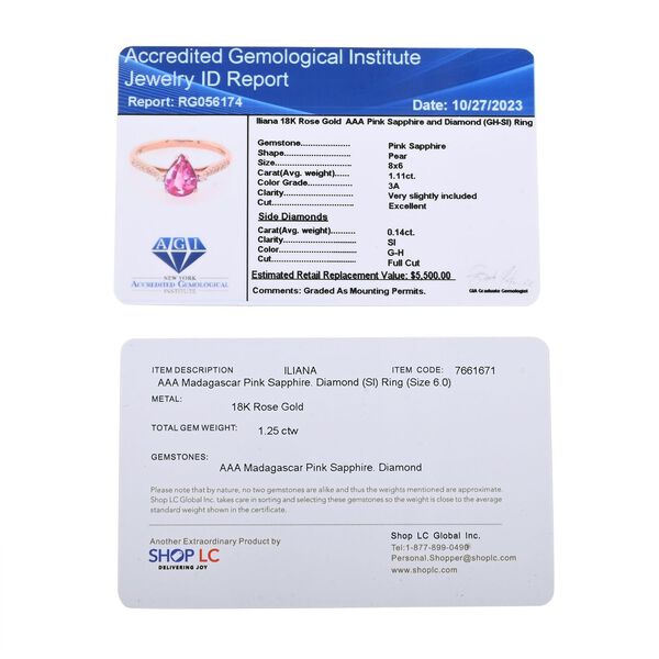 Iliana AAA Rosa Saphir, Weißer Diamant IGI zertifiziert und geprüft Ring 750 Gold (Größe 18.00) ca. 1.25 ct image number 6