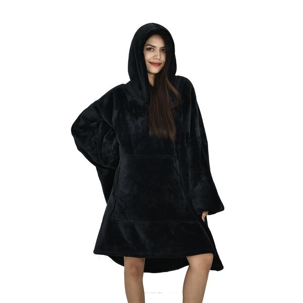 Flauschiger Flanell Hoodie mit gro&szlig;er Tasche, 194x98cm, schwarz image number 1