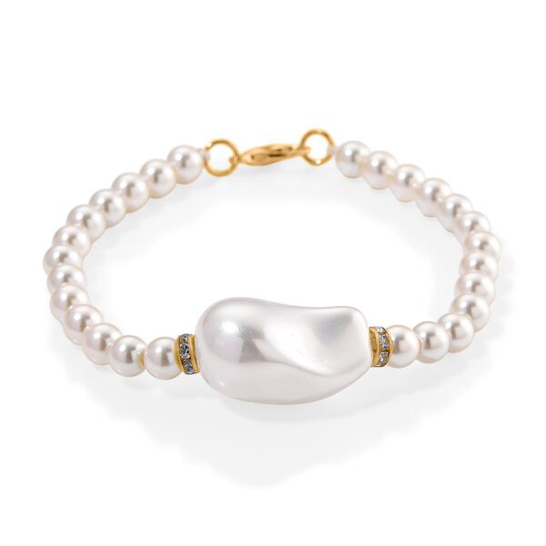 3er Set Weiße Muschelkernperlen-Schmuckstücke, bestehend aus Armband (ca. 19 cm) und zwei Halsketten (ca. 40 cm und 50 cm), gelb vergoldet image number 6