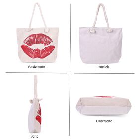 Gewebte Jute-Tasche mit rotem Kussmund, beige