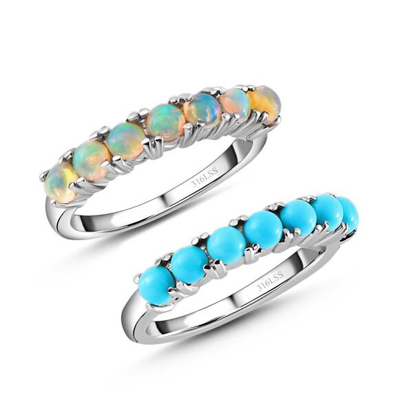 2er Set - Sleeping Beauty Türkis und natürlicher, äthiopischer Opal-Half-Eternity-Ring in Silberton, 1,35 ct. image number 4
