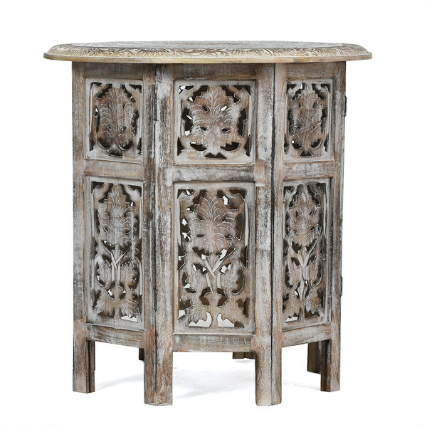 NAKKASHI - handgeschnitzter klappbarer Tisch aus Mangoholz mit handgepr&auml;gter Aluminiumplatte, 53x53x53 cm, wei&szlig; image number 3