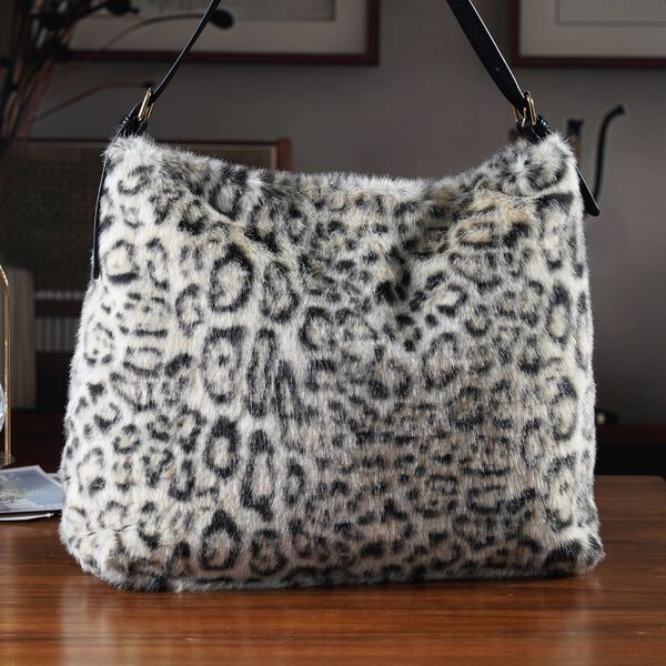 Leopardenmuster-Fellimitat-Tasche, 46x11x35 cm, Beige-Schwarz image number 2