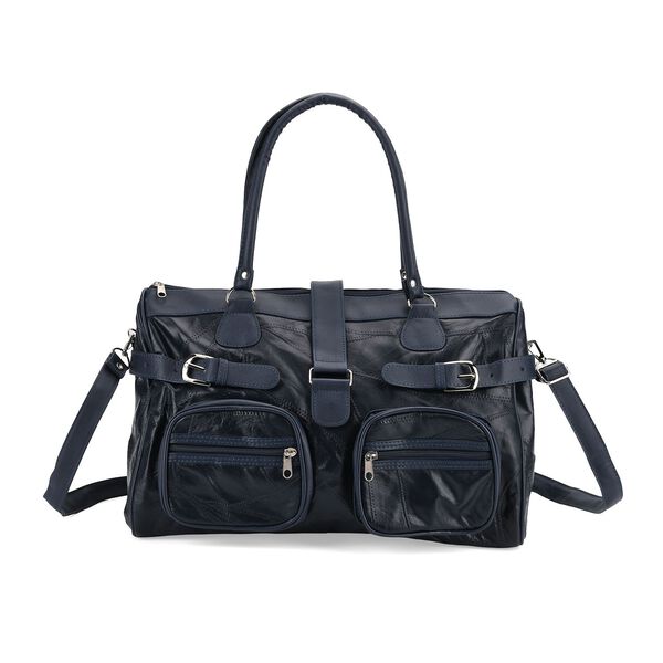 Patchwork Crossbody-Tasche aus Schafleder mit mehreren Rei&szlig;verschlussf&auml;chern, 40&times;16,5&times;25,5 cm, Blau