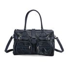 "lifestyle-Color:Blue size/Profile:Patch leather crossbody bag :wall(exterior); Genuine Leather;Lining(interior):polyester Pockets(exterior):zipped-2,pocket-2;Pockets(interior):zipped-1 slid-2 Measurement(cm): 40*16.5*25.5 cm"
