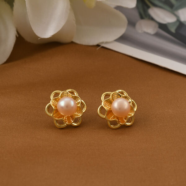 Pfirsich-Süßwasser Perle Ohrringe Nickelfreies Messing, Goldfarben image number 1