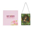 "Glass Suncatcher pendant with chain and silver frame -rectangle shape Size : 12x15cm Weight: 240g Material: Metal frame+ glass Color: Multicolor Design: Drawing of Alphonse Maria Mucha-1"