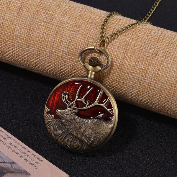 STRADA Antike Bronze Hirschmuster Taschenuhr, Japanisches Werk, 79 cm antike bronzene Eisenkette image number 2