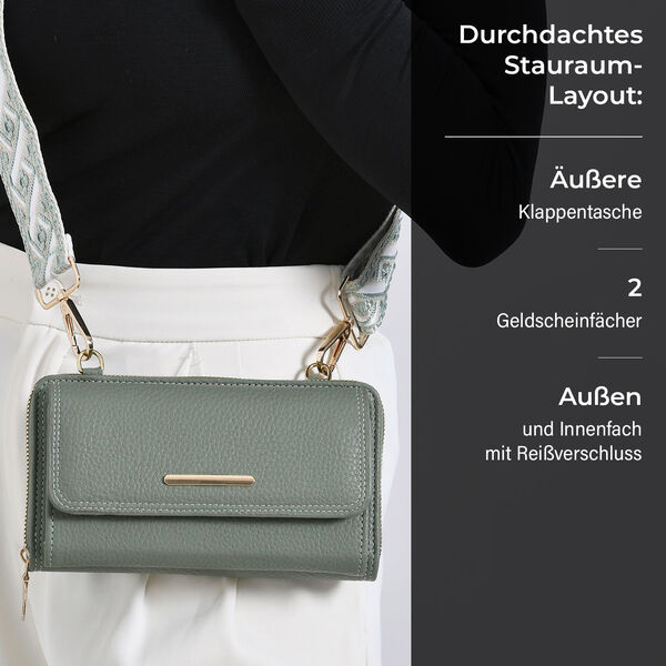 Crossbody-Tasche mit Klappfach, gemustertem Trageriemen und RFID-Schutz - 19x5x11 cm, Grün image number 4