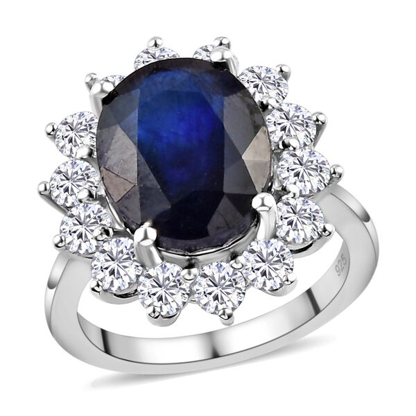 Blauer Saphir und Zirkon Halo Ring 925 Silber Platin-&Uuml;berzug image number 4