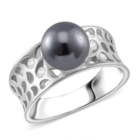 Tahiti Muschelkernperle, Moissanit Ring 925 Silber platiniert (Größe 16.00)