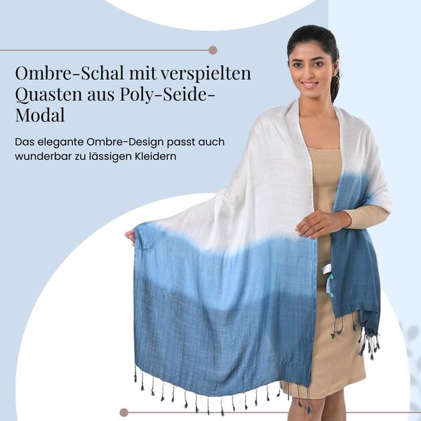 Ombre-Schal mit Quasten aus Poly-Seide-Modal, 70x200 cm, Dunkelblau image number 2