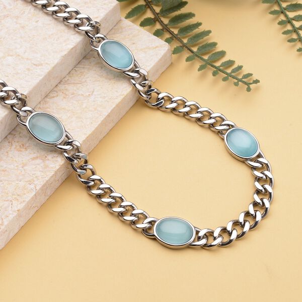 K&uuml;nstliche, blaue Katzeaugen Halskette, ca. 50 cm, reiner Edelstahl ca. 25,00 ct image number 2