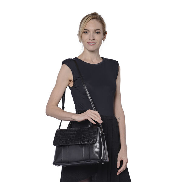 Echtes Leder Handtasche mit erweiterbarem Schulterriemen, Größe 31x11x21 cm, Schwarz image number 2