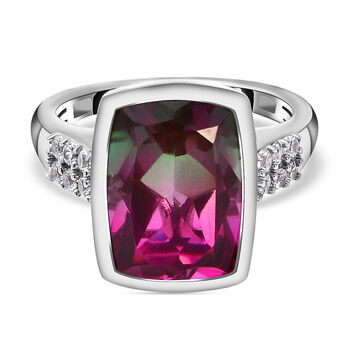 Wassermelonen-Quarz-Triplett und wei&szlig;er Zirkon-Ring, 925 Silber platiniert  ca. 7,44 ct