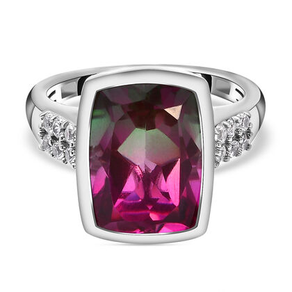 Wassermelonen-Quarz-Triplett und wei&szlig;er Zirkon-Ring, 925 Silber platiniert (Gr&ouml;&szlig;e 17.00) ca. 7.44 ct