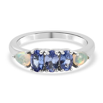 Tansanit und nat&uuml;rlicher, &auml;thiopischer Opal-Ring, 925 Silber platiniert (Gr&ouml;&szlig;e 16.00) ca. 0,86 ct