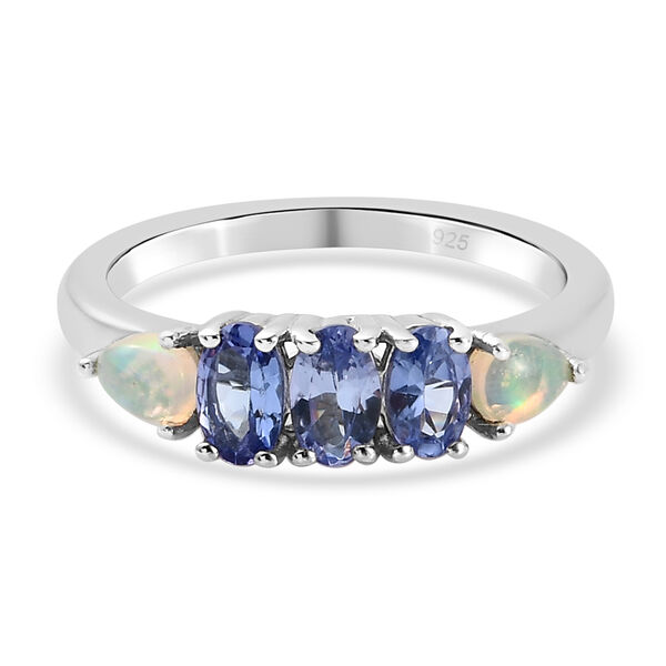 Tansanit und nat&uuml;rlicher, &auml;thiopischer Opal-Ring, 925 Silber platiniert  ca. 0,86 ct