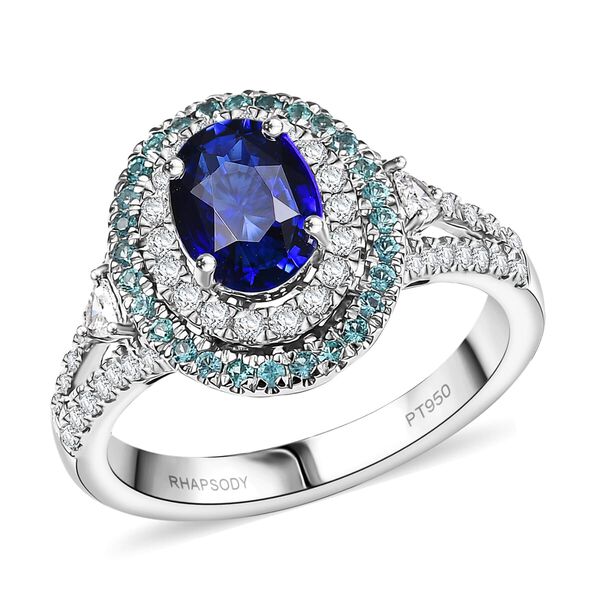 RHAPSODY zertifiziert und gepr&uuml;ft AAAA ceylonfarbener blauer Saphir, Paraiba Turmalin und VS Diamant Ring in 950 Platin - 3 ct.