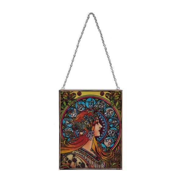 Handbemalter Glas-Sonnenfänger, Alphonse Mucha-Motiv Jugendstil-Dame, 12×15cm, Mehrfarbig image number 3