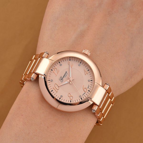 GENOA TIME V2 Uhr mit Japanischem Miyota 2035 Werk, Zifferblatt Roségoldfarben mit Prägemuster und Weißen Kristallen, Edelstahlarmband Roségoldfarben, 3 ATM wasserdicht image number 1