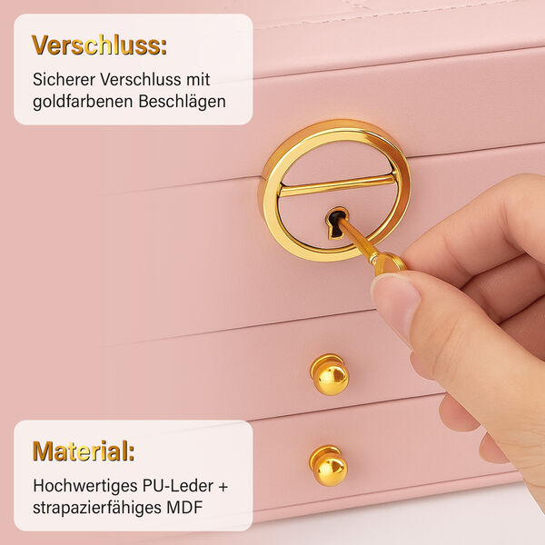 3-lagige Schmuckbox aus PU mit Diamantmuster und 5 Silberputztüchern, Rosa image number 3