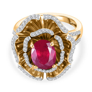 D'Joy Afrikanischer Rubin (Fissure gef&uuml;llt), Wei&szlig;er Zirkon Ring 925 Silber 750 Gelbgold Vermeil (Gr&ouml;&szlig;e 17.00) ca. 3,75 ct