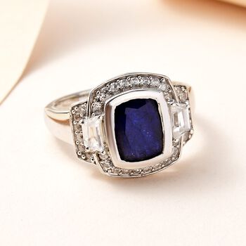 Masoala Saphir (Fissure gef&uuml;llt), Wei&szlig;er Zirkon Ring 925 Silber platiniert (Gr&ouml;&szlig;e 17.00) ca. 4.33 ct