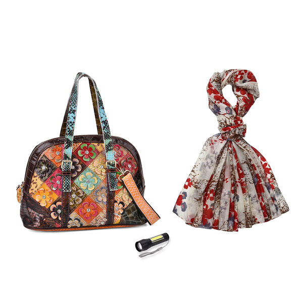 Chaos by Elsie Multicolor Kroko-Pr&auml;gung Echtleder Crossbody Tasche mit RFID-Schutz und Mini-Taschenlampe und LA MAREY Schal aus 100 % Maulbeerseide image number 0