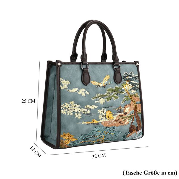 Bestickte Crossbody Tasche, Kunstleder, Blumen Design, 32 x 12 x 25 cm, Blau image number 8