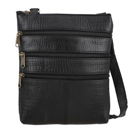 Echtleder Crossbody Tasche mit Kroko-Prägung, Schwarz