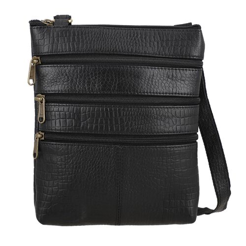 Echtleder Crossbody Tasche mit Kroko-Prägung, Schwarz image number 0
