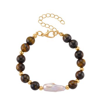 Tigerauge, Wei&szlig;e Keshi Perle Armband, ca. 18cm mit 5cm extender, Reine Legierung goldfarben