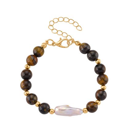 Tigerauge, Wei&szlig;e Keshi Perle Armband, ca. 18cm mit 5cm extender, Reine Legierung goldfarben