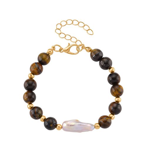 Tigerauge, Weiße Keshi Perle Armband, flexibel, vergoldet 55.00 ct image number 0