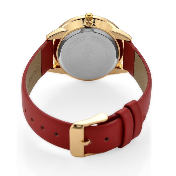 GENOA TIME - Armbanduhr Legierung, goldfarben, rotes Lederarmband, Zifferblatt Gold-Sunshine, 3 ATM wasserdicht image number 6